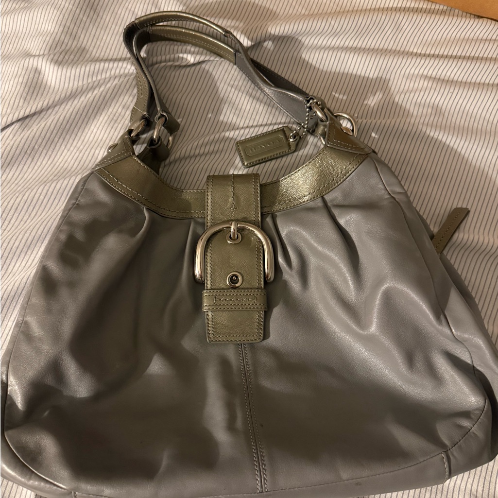 Coach Gray Leather Shoulder Hobo With Buckle Detail